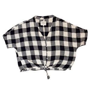 Black & White Buffalo Check Tie-Front Button Crop Top